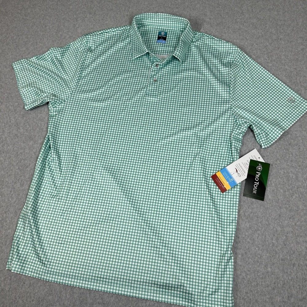 Pro Tour Coolplay Golf Polo Men's L Teal Gingham Short Sleeve Shirt Stretch NWT